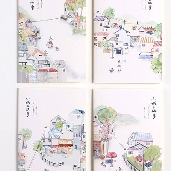 

4packs Cartoon Town Print Cover Notebook, White