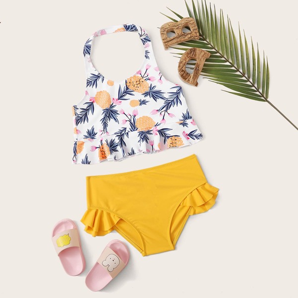 

Girls Pineapple Print Halter Top With High Waisted Bikini, Multicolor