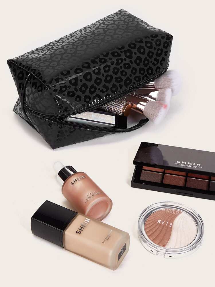 1pc Black Leopard Print Large Capacity Waterproof Makeup Bag For Women Girls