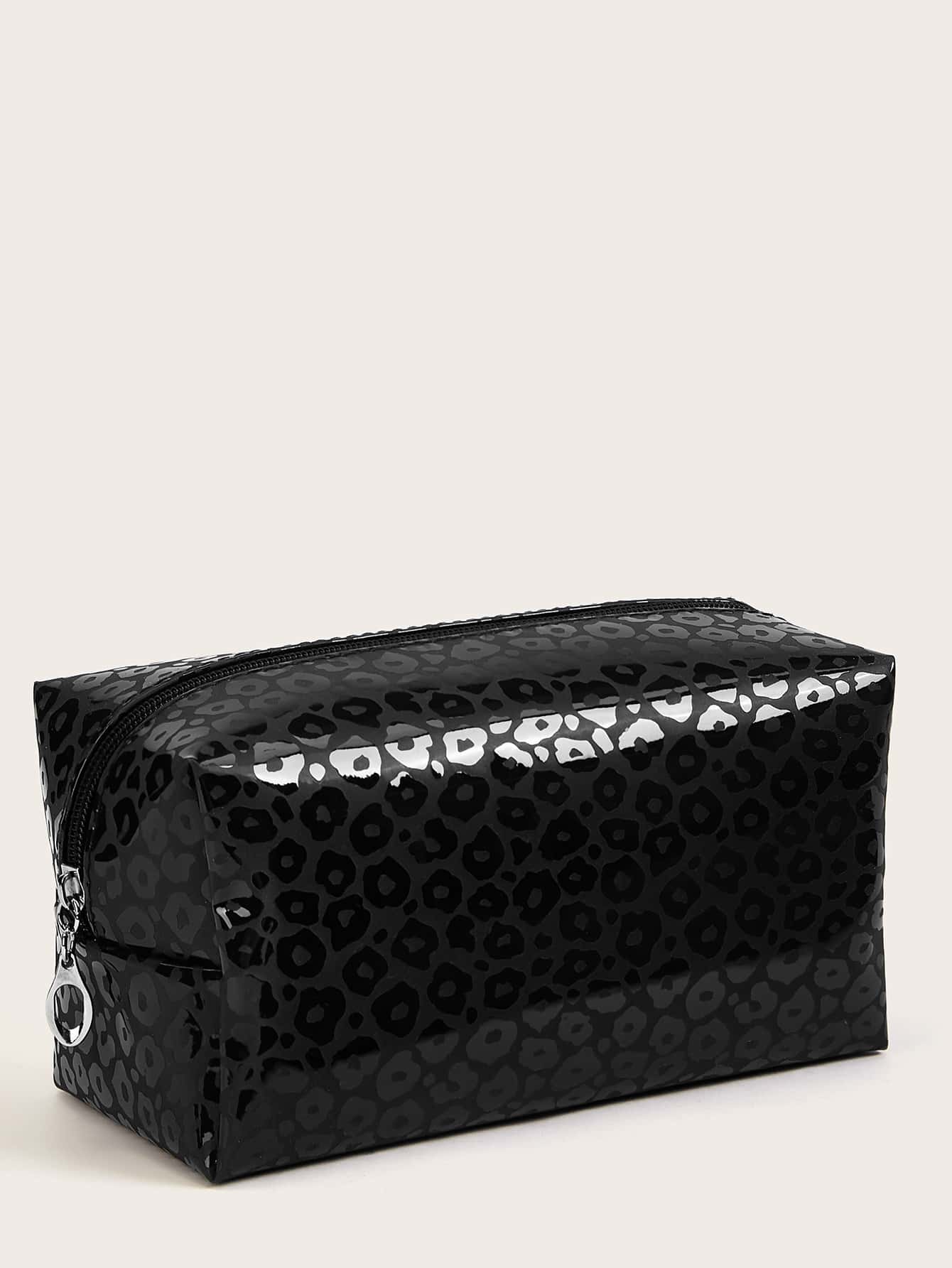 1pc Black Leopard Print Large Capacity Waterproof Makeup Bag For Women Girls