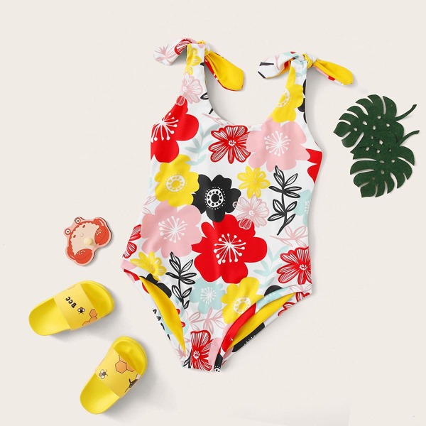 

Girls Floral Print One Piece Swimwear, Multicolor