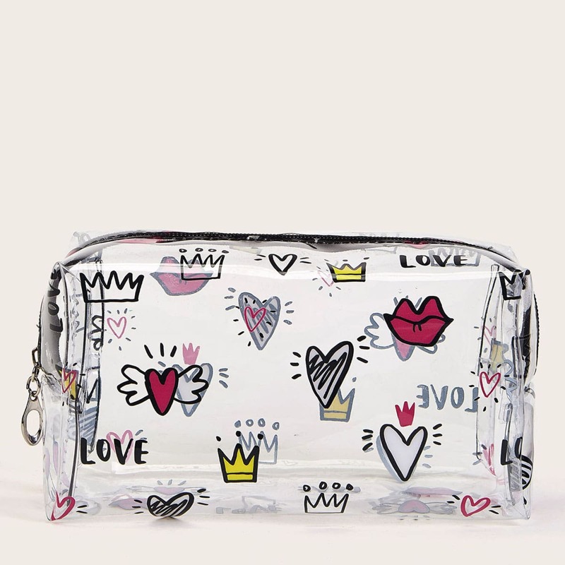 

Letter & Heart Pattern Transparent Makeup Bag, Multicolor