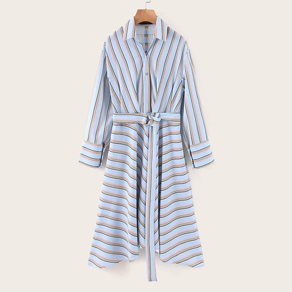 

Striped Belted Asymmetrical Hem Shirt Dress, Multicolor