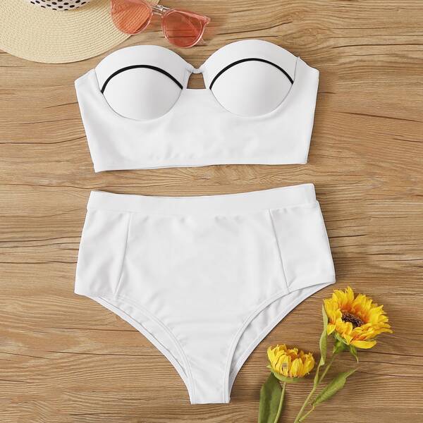 Underwire Bandeau With High Waist Bikini Set, White