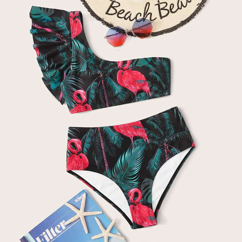 

Flamingo One Shoulder High Waisted Bikini Swimsuit, Multicolor