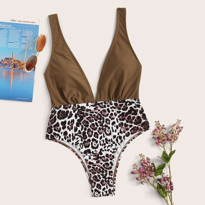 

Leopard Plunging One Piece Swimsuit, Multicolor