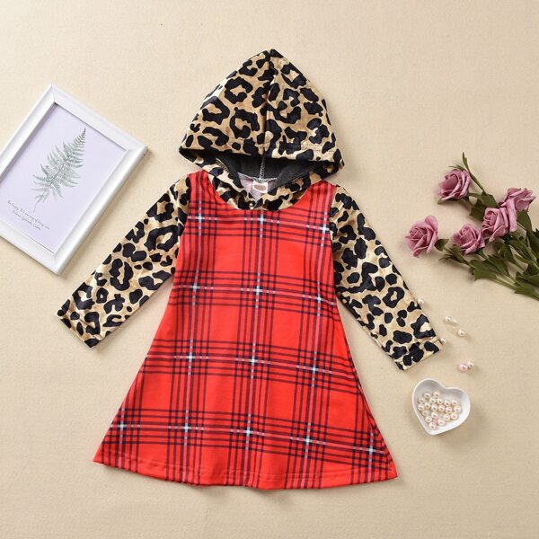 

Toddler Girls 2 In 1 Leopard And Plaid Hooded A-line Dress, Multicolor