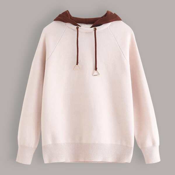 

Color-Block Drawstring Triangle Detail Hooded Sweater, Beige