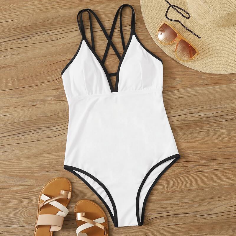 

Contrast Binding Criss Cross One Piece Swimwear, White