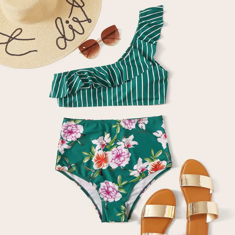 

Striped & Floral Random Print Ruffle Trim Bikini Set, Green
