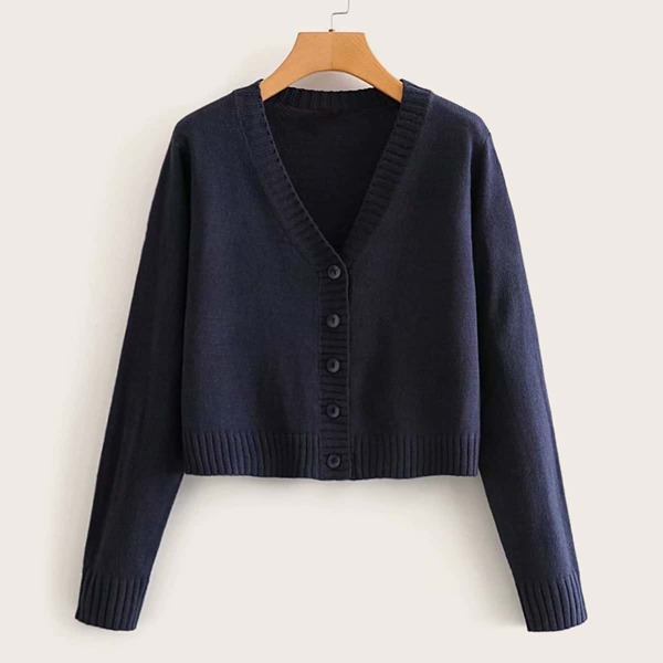 

Solid V-Neck Button Through Crop Cardigan, Navy