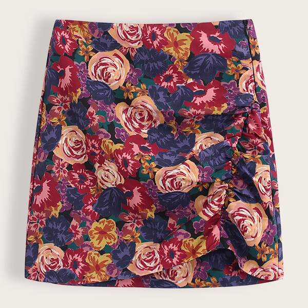 

Floral Print Zip Side Ruched Skirt, Multicolor