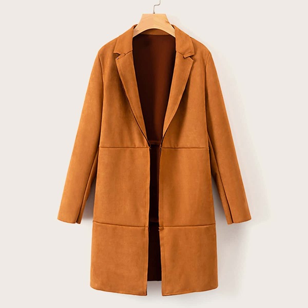 

Solid Lapel Collar Suede Coat, Camel