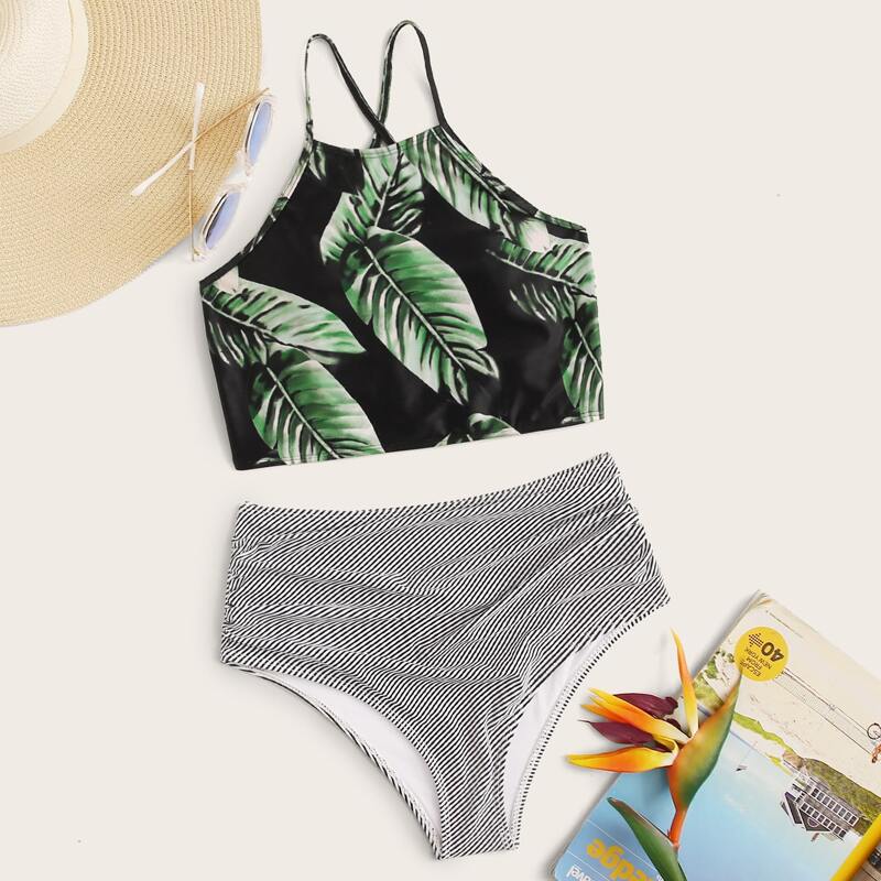 

Palm Print High Waisted Bikini Swimsuit, Multicolor