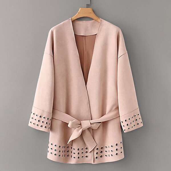 

Solid Garment Eyelets Belted Suede Coat, Pink