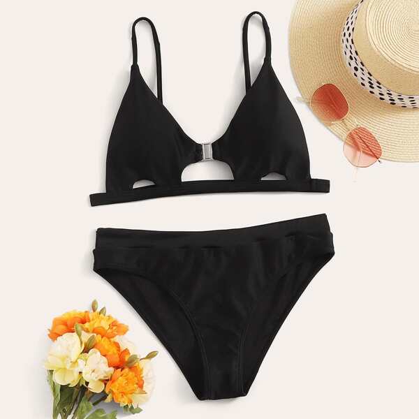 

Solid Adjustable Strap Bikini Set, Black