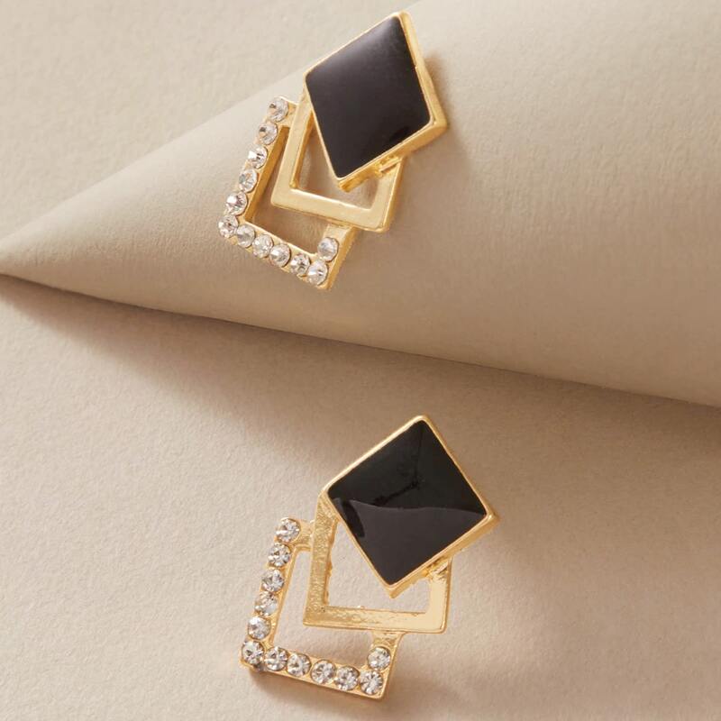

1pair Rhinestone Decor Geometric Stud Earrings, Black