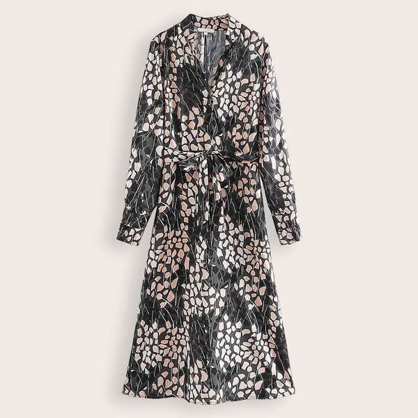 

All Over Print Notched Neck Belted Dress, Multicolor