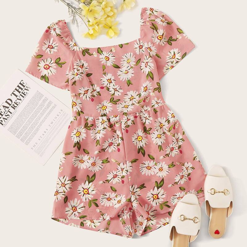 

Daisy Print Shirred Back Playsuit, Multicolor