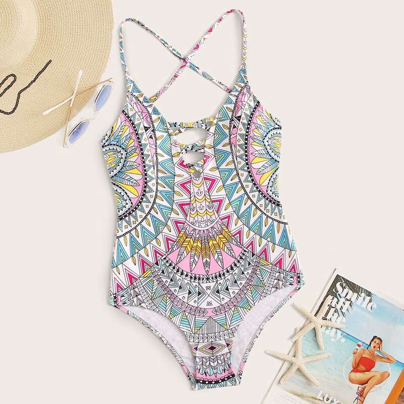 

Tribal Print Criss Cross One Piece Swimsuit, Multicolor
