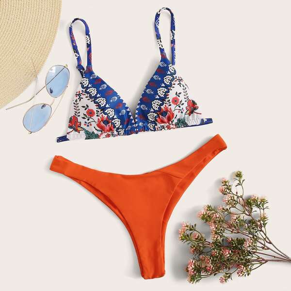 

Floral Print Triangle Top With High Cut Bikini, Multicolor