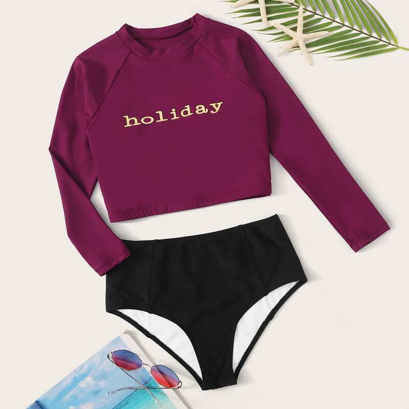 

Letter Graphic Long Sleeve Top With High Waist Bikini, Multicolor