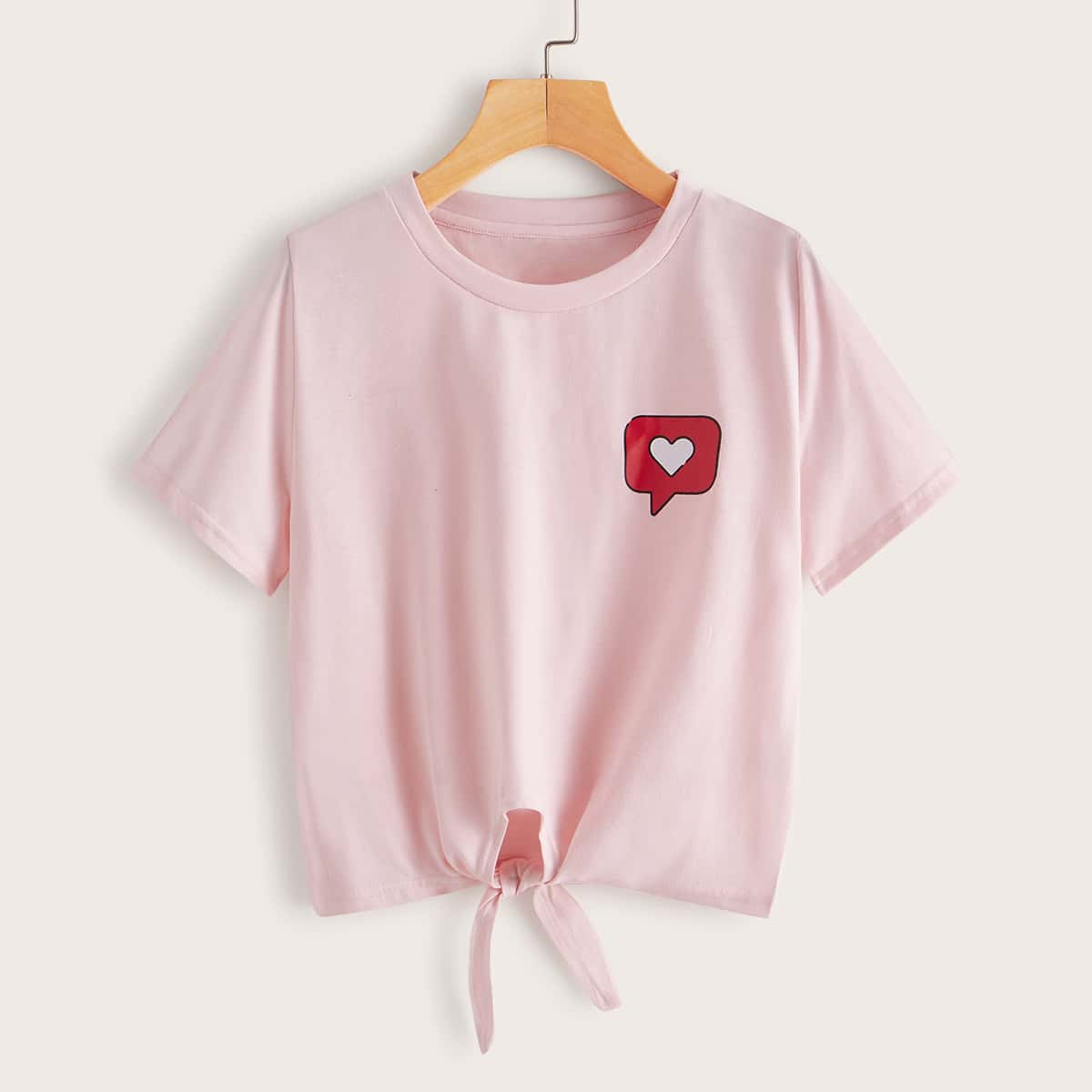 

Cartoon Graphic Knot Hem Tee, Pink pastel