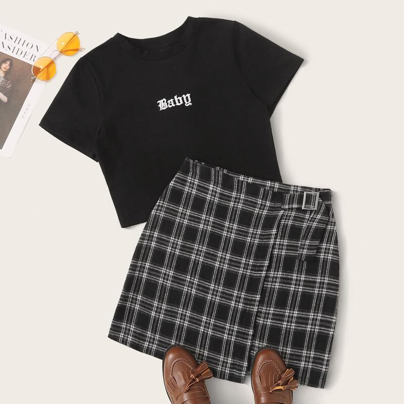 

Letter Embroidery Tee & Tartan Wrap Skirt, Black
