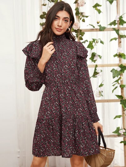 Ditsy Floral Print Ruffle Trim Dress