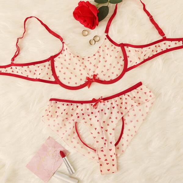 

Heart Print Underwire Mesh Lingerie Set, Beige