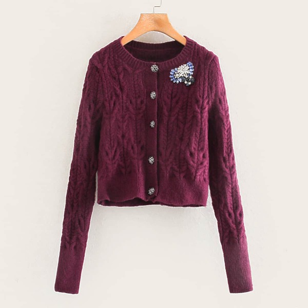 

Button Through Cardigan With Stereo Flower, Burgundy