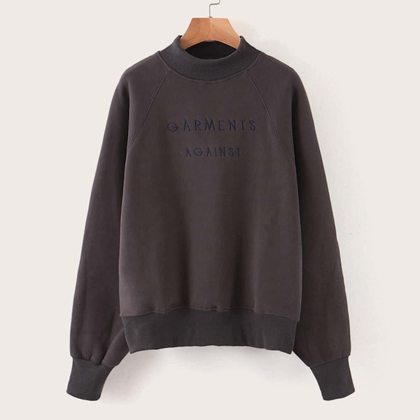 

Letter Embroidered Mock Neck Sweatshirt, Grey
