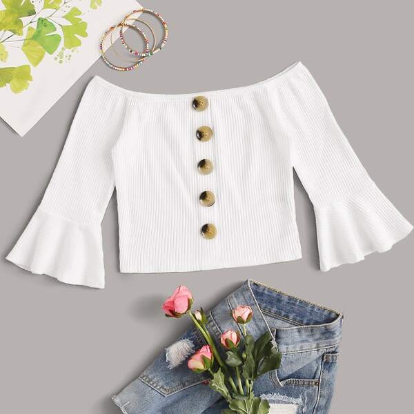 

Off Shoulder Button Through Tee, White