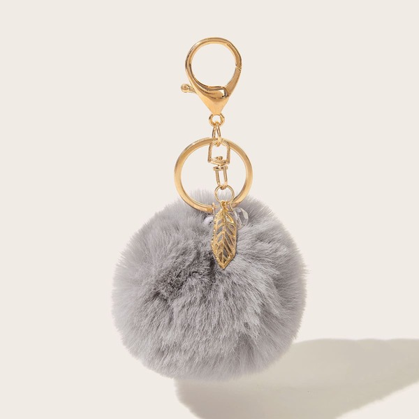 

Pom Pom & Leaf Charm Keychain, Grey