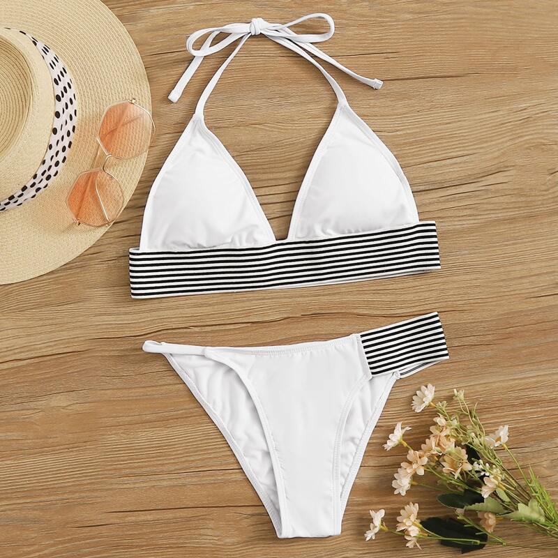

Striped Hem Halter Bikini Set, White