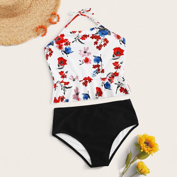 

Floral Random Print Halter Tankini, Multicolor