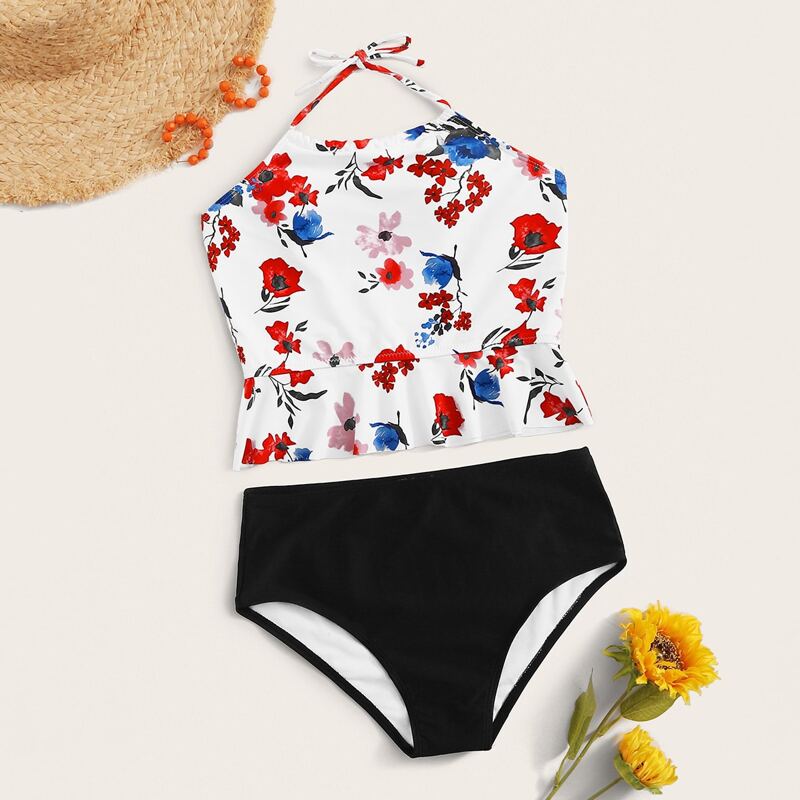 

Floral Random Print Halter Tankini, Multicolor