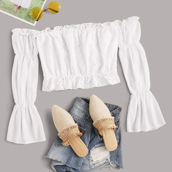 

Embroidered Eyelet Off Shoulder Blouse, White