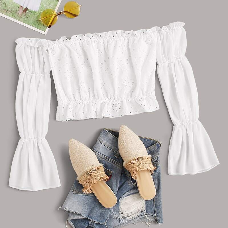 Embroidered Eyelet Off Shoulder Blouse, White