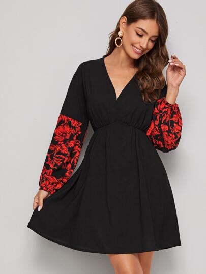 Floral Print Contrast Panel Dress