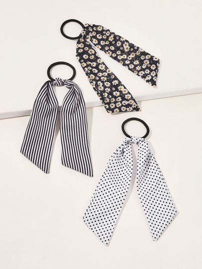 3pcs Striped & Polka Dot Pattern Scrunchie Scarf