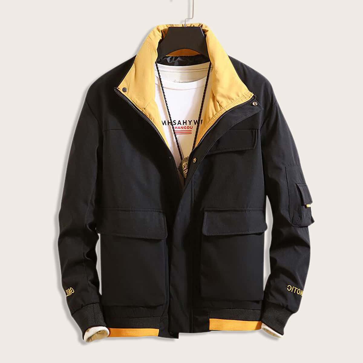 

Guys Letter Embroidery Back Flap Pocket Jacket, Black