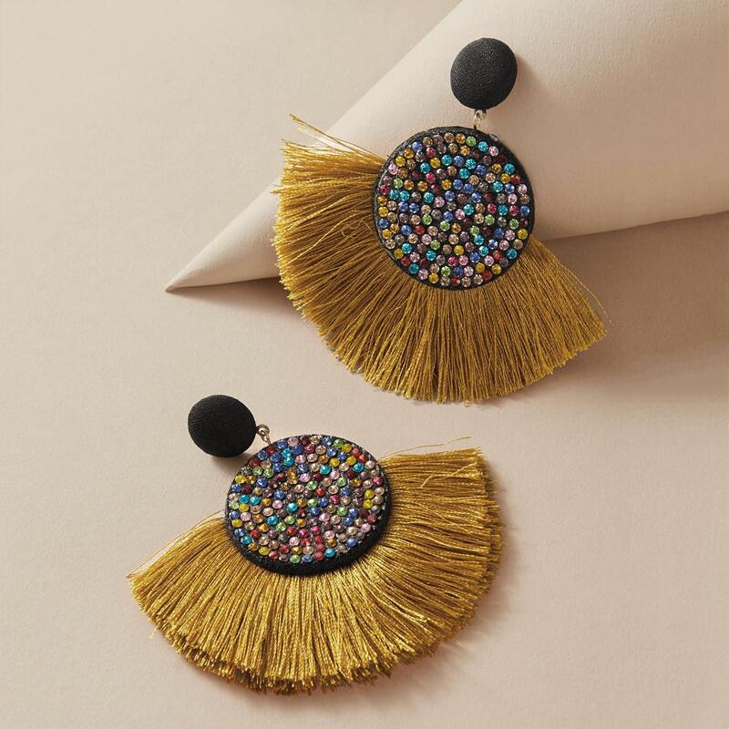 

1pair Rhinestone Decor Round & Fan Tassel Drop Earrings, Multicolor