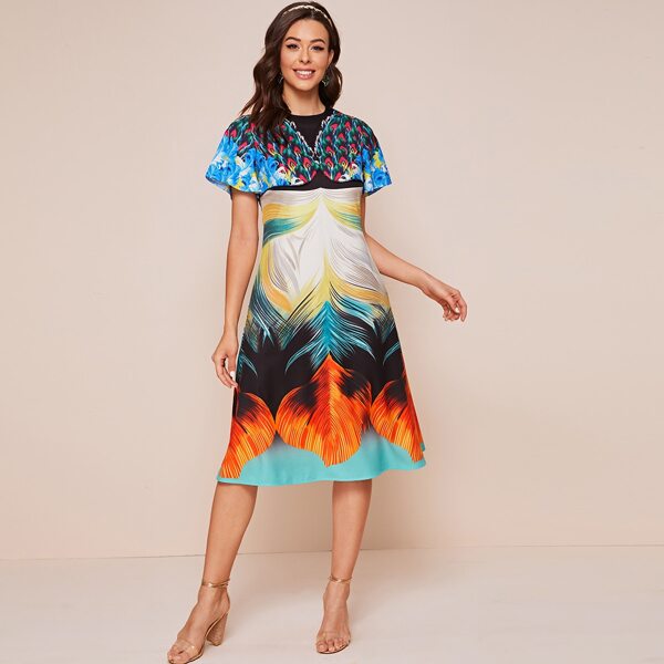 

Feather Print A-line Dress, Multicolor