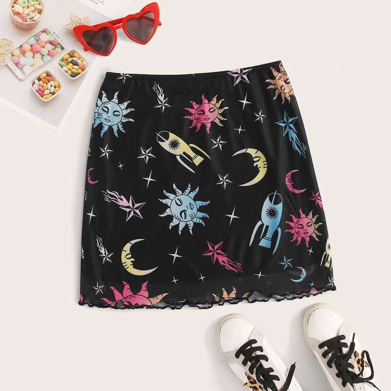 

Galaxy & Graphic Print Overlay Mini Skirt, Black