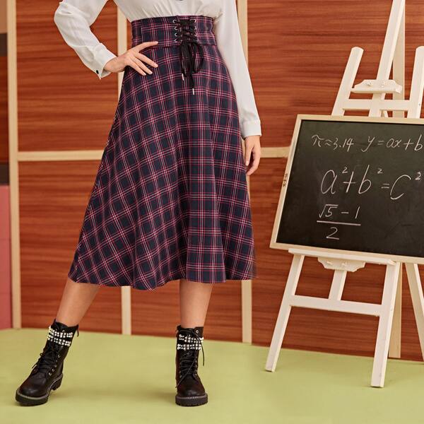 

Plaid Lace Up Flared Skirt, Multicolor