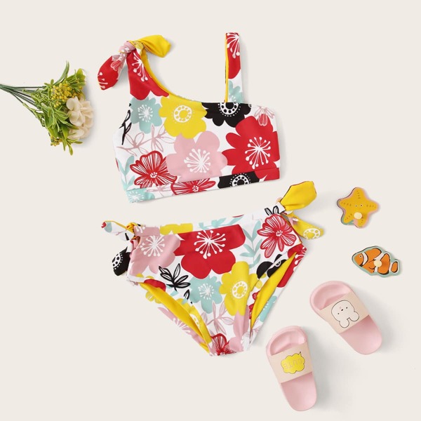

Girls Floral Print Top With Tie Side Bikini Set, Multicolor