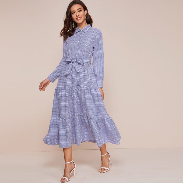 

Striped Self Tie Shirt Dress, Blue