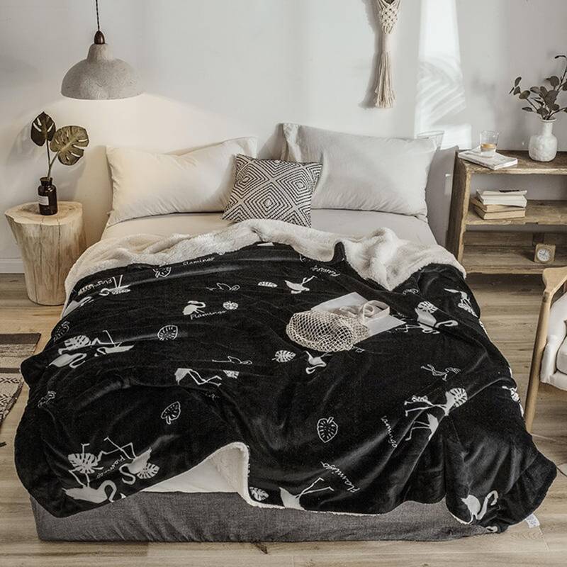 

Tropical Leaf & Flamingo Print Blanket, Black and white
