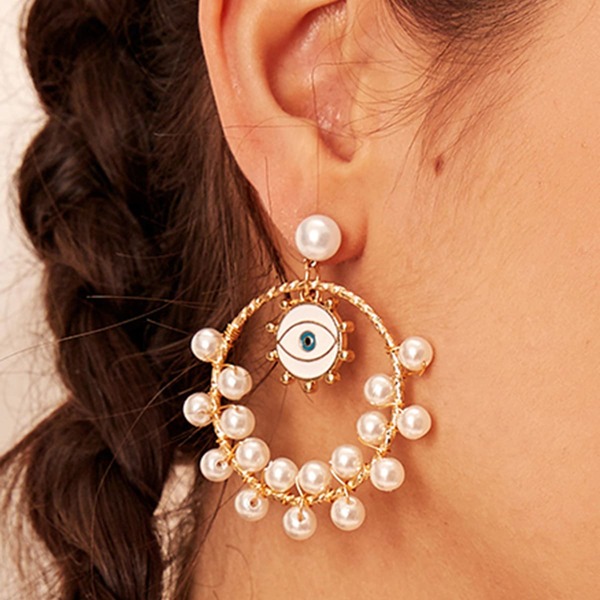 1pair Eye Charm Faux Pearl Decor Round Drop Earrings, White